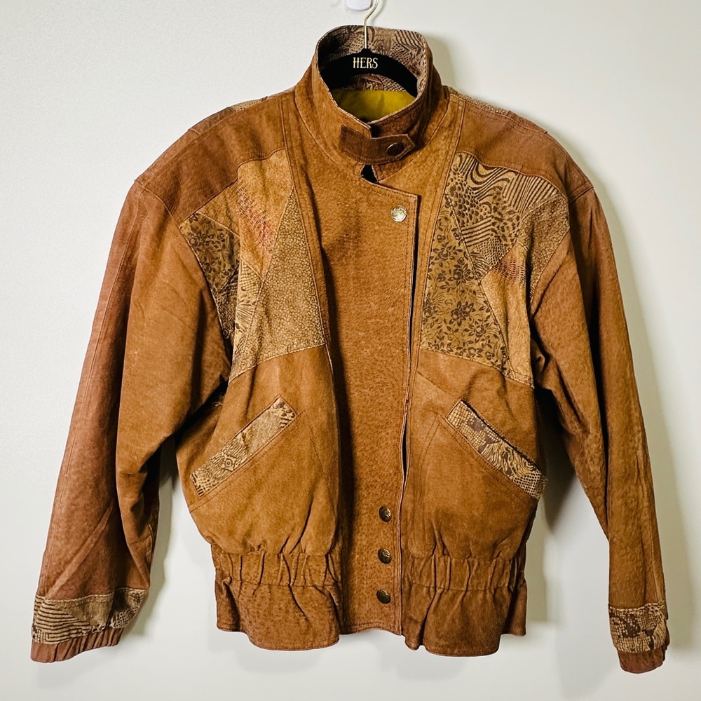 Vintage Versatile Wear Genuine Leather Animal Print Patchwork Bomber Jacket Sz S